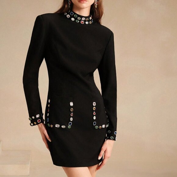 Black Elegant Women's Rhinestone Embellished Long Sleeve Short Dress - Picture 3 of 7